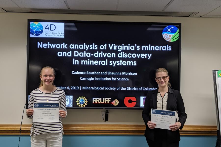 Cadence Boucher, 8th grade homeschool student, and Shaunna Morrison, Carnegie Research Scientist, presenting their work in collaboration with Robert Hazen (Carnegie Institution for Science) and Ahmed Eleish (RPI) on characterizing Virginia’s mineralogy with network analysis and other data-driven techniques. 