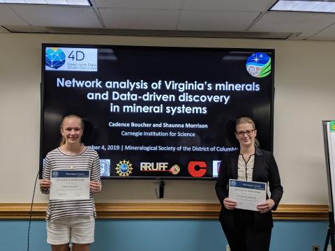 Cadence Boucher, 8th grade homeschool student, and Shaunna Morrison, Carnegie Research Scientist, presenting their work in collaboration with Robert Hazen (Carnegie Institution for Science) and Ahmed Eleish (RPI) on characterizing Virginia’s mineralogy with network analysis and other data-driven techniques. 
